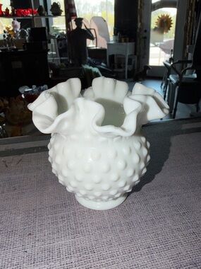 Vintage Fenton White Hobnail Ruffled Milk Glass Vase
